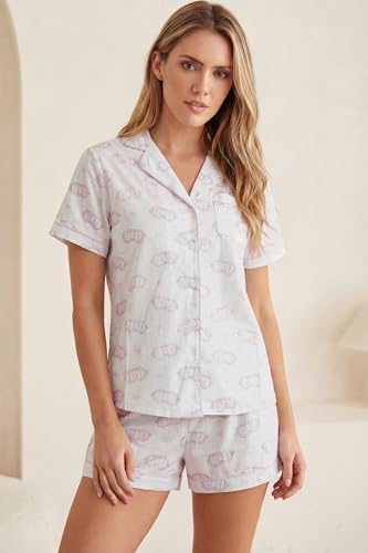 Image of LUBOT 100% Cotton Pajamas for Women 2 Piece PJ Set Poplin Woven Lightweight Ladies Button Short Sleeve Sleepwear S-XXL
