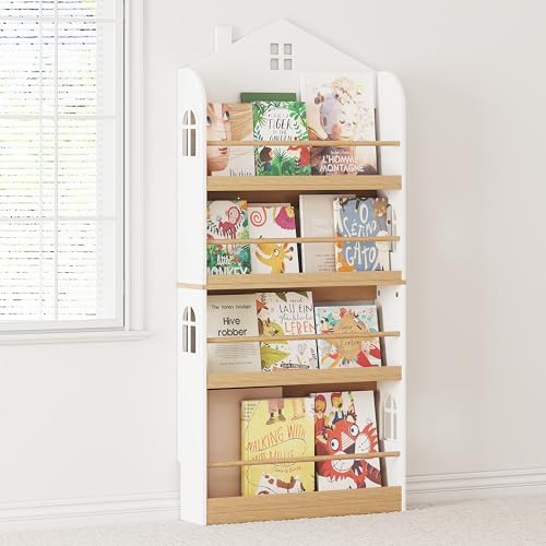 UTEX Kids Bookshelf Wall Mounted, 4-Tier Book Shelf Organizer, Tall Wooden Children’s Bookcase, Storage Book Rack for Kids Room, Nursery, Bedroom, Living Room, White