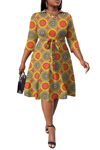 Image of FANDEE Plus Size Midi Dress for Women - Printing Summer Dresses for Wedding Guest Cocktail Party 3 /4 Sleeve V Neck(L-5XL)