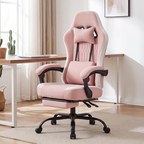 Image of Computer Gaming Chair - High Back Ergonomic Desk Chair with Footrest and Lumbar Support, Height Adjustable Task Chair with Linkage Armrests and Headrest, 360 Swivel Wheels, Pink