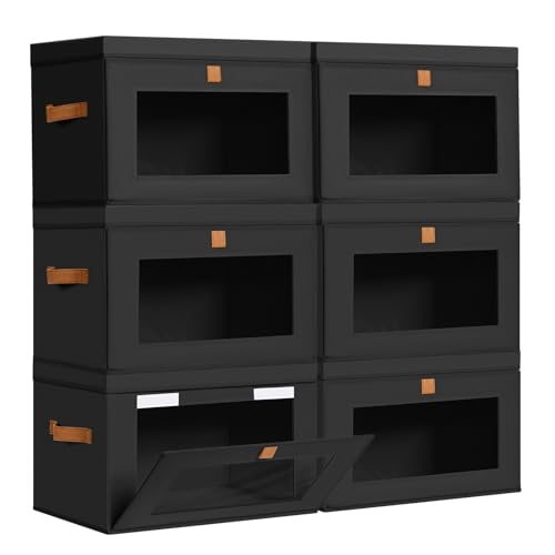 Image of DIMJ Storage Bins with Lids - 6 Pack Large Fabric Closet Organizer with Window & Handles, Collapsible Decorative Storage Boxes for Shelves Under Bed, Books Clothes Blankets Sweaters Organization