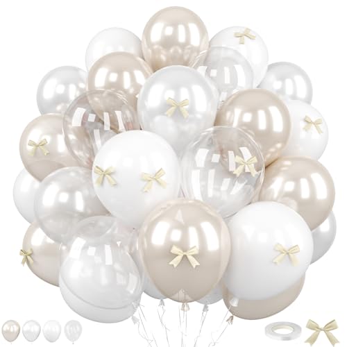 Image of Pearl White Balloons with Bow, 50Pcs 12 Inch Pearl Sand Transparent Latex | Beige Cream Sand Pearl Clear Balloons for Boho Bridal Wedding Anniversary Birthday Baby Shower and Bachelor Party Decor