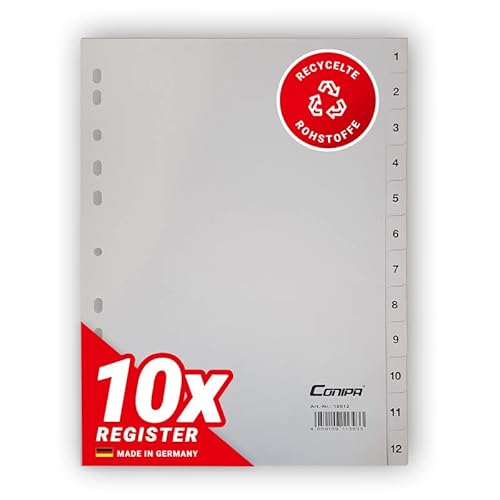 Conipa Register DIN A4 voor mappen, set van 10 genummerd 1-12, mapregister grijs, scheidingsblad extra breed met cijfers, scheidingsregister inleg effen voor ordners, stabiel gesesesefeld voor nietmachines