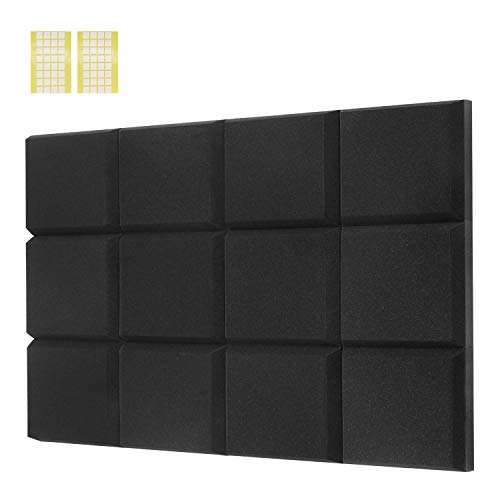 Acoustic Foam Panels, 12 Pack Set 12''x12''x2'' Black Acoustic Panels for Walls, Acoustic Foam With Adhesive Tapes, Fireproof and High Density Sound Foam Panels for Ceiling (12''x12''x2'', Black)
