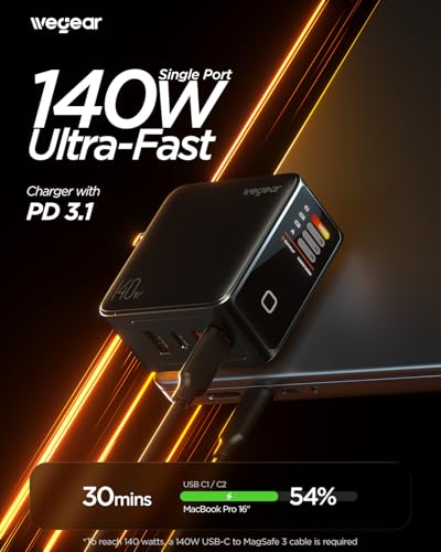 4-Port wegear 140W GaN USB-C Wall Charger w/ Touch Smart Display & 5' 240W Cable - image 2