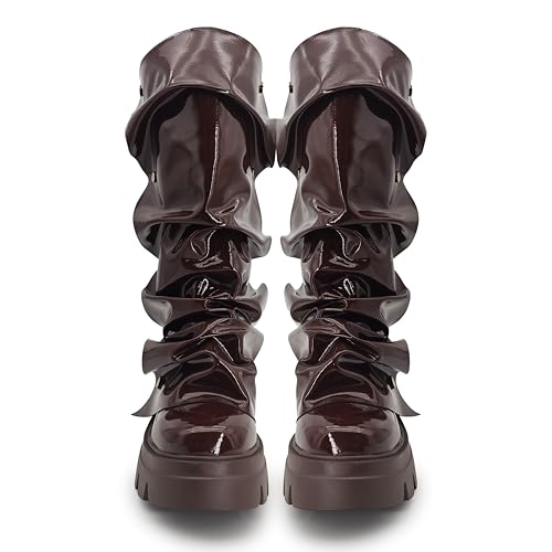 RKQ Women's Wide Calf Platform Slouchy Fold Over Combat Mid-Calf Block Heel Detachable Pull-On Panel Shark Boots3