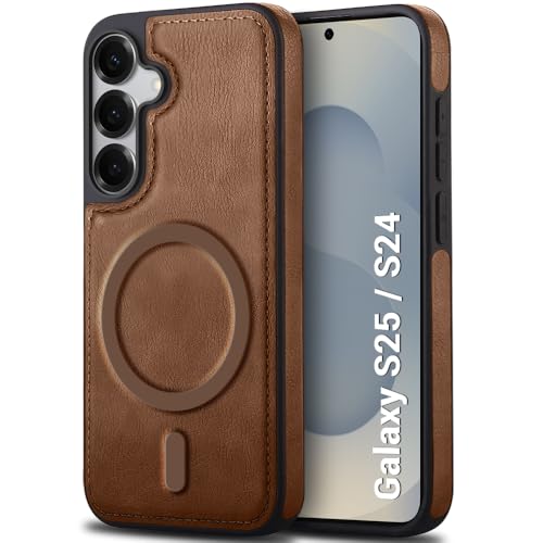 Image of TheGiftKart Genuine Leather Finish Back Cover Case for Samsung Galaxy S25 / S24 5G | Raised Edges for Camera & Screen Protection | Shockproof Stunning Minimalist Design (MagSafe Compatible, Brown)