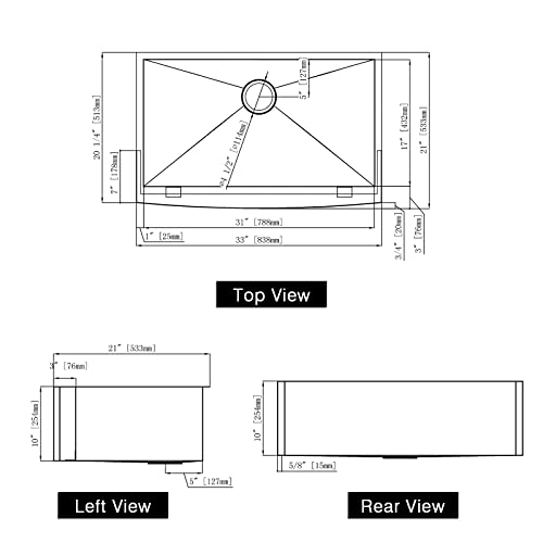 Jassferry Apron Front Farmhouse Kitchen Sink 16-Gauge Stainless Steel 33-Inch Rounded Curved Undermount Farm Sink With Single Bowl Bottom Grid, 33" X 21" X 10" #TOP2