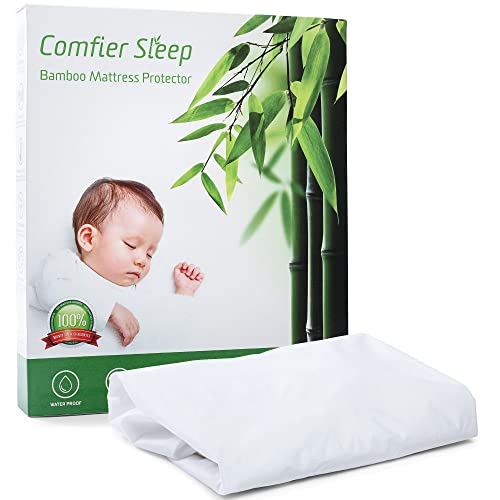 Waterproof Cot bed Mattress Protector 120 x 60 cm Super Soft 100% Bamboo Mattress Cover for Baby Cot Bed (60x120cm) Breathable and non noisy Anti bacterial and fully fitted White