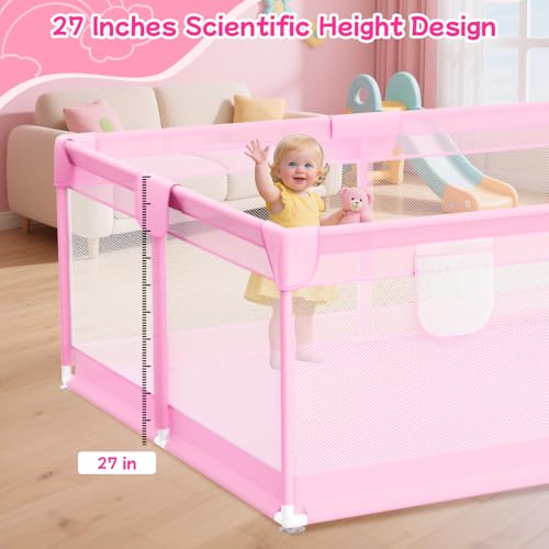 Image of Large Baby Playpen 74 inchx50 inch - Play Pens for Babies and Toddlers with 2 Handle - Safety Baby Fence Play Area with Breathable Mesh for Indoor & Outdoor, Pink