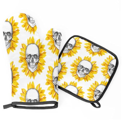 Sunflower Skulls Oven Mitts Kitchen Oven Gloves for Cooking Baking Heat Proof Lining Cotton Kitchen Potholder Mittens Pot Holders Hot Pads for Chef Women Men