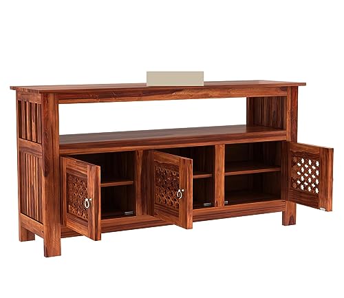 Image of Wooden Sideboard Cabinet with Storage Doors | Modern Console Table for Living Room, Dining Room & Entryway | Multipurpose Buffet Cabinet (Honey Finish)