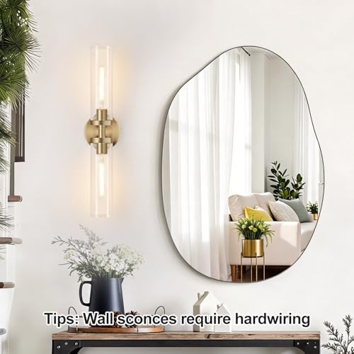 Image of Indoi Brass Wall Sconces, Hardwired Bathroom Sconces Wall Lighting with Clear Glass, Modern Bathroom Vanity Lights fixtures for Mirror Bedroom Living Room Hallway Kitchen