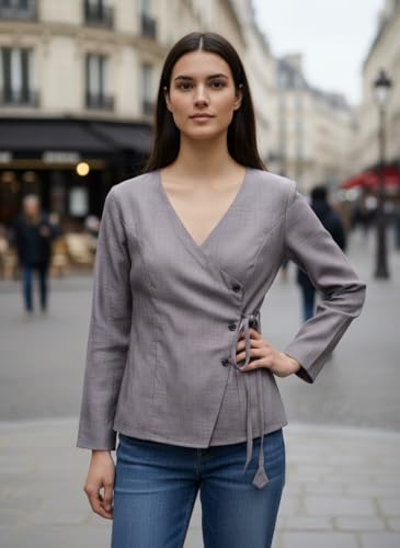 Image of Women's Cotton Tops | Casual Wrap V Neck Top | Long Sleeve Textured Side Tie Shirt | Elegant Slim Fit Crossover Tunic | Stylish Office Wear & Trendy Streetwear Apparel(38-K-1-4)