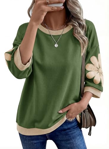 Dokotoo Women's Summer 3/4 Sleeve Sweatshirts Color Block Crewneck Casual Loose Trendy Pullover Tops Comfy Sweatshirt Ribbed Fashion Outfits Green X-Large