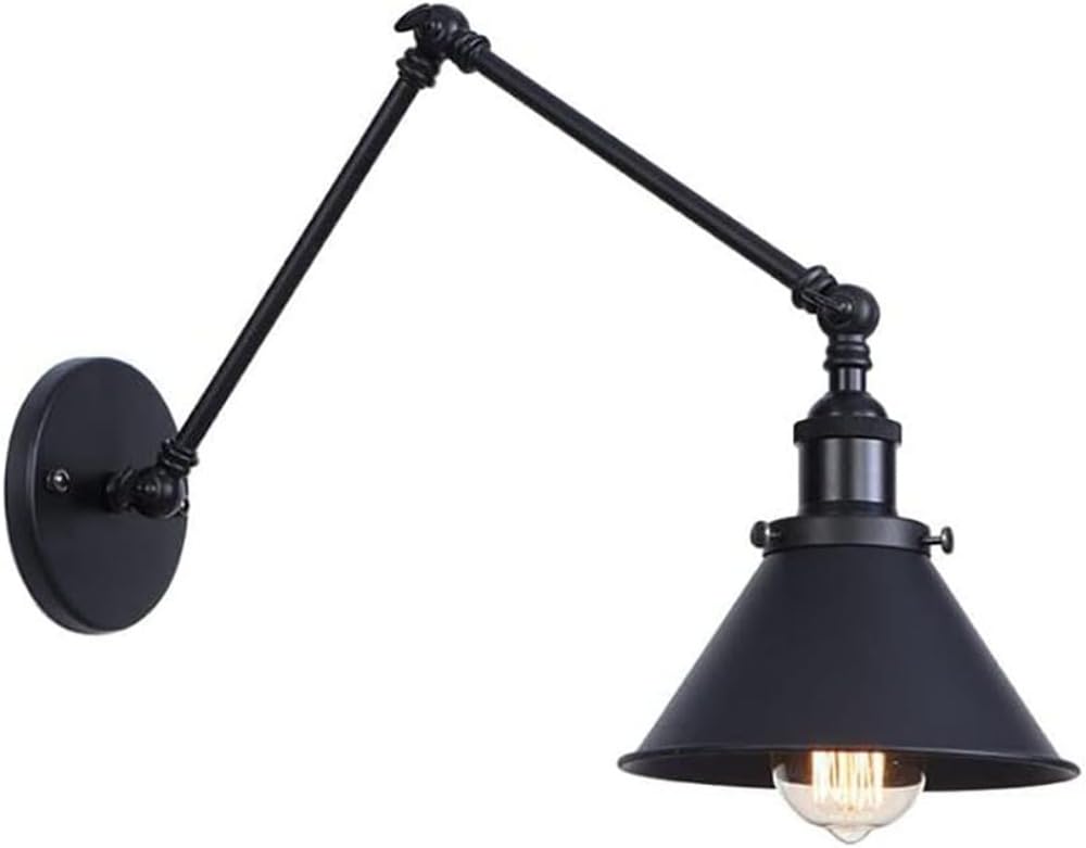 HYJAUSXB Adjustable Swing Arm Wall Lights, Black Vintage Industrial Bedside Lighting Fixture with Cone Lampshade for Hotel Corridor Restaurant Reading Lamp,Wall Scone Metal Shade (2Pack) (