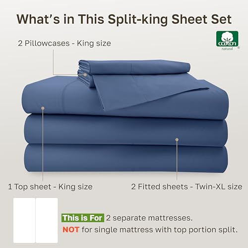 Image of California Design Den 500TC 100% Cotton Split King Sheets Set, Denim Blue | Good Housekeeping Seal, OEKO-TEX Certified, Silky-Soft Sateen Weave, 5pc Set, 15 inch Deep Pockets, For Hot Sleepers, All-Season
