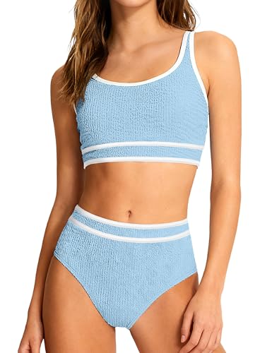 Girls Swimsuit 10-12 Years Girl Bathing Suit Two Piece Sky Blue High Waisted Athletic Swim Suits Fashion Piping Girls Bikini Swimwear Set