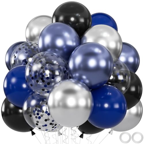 60pcs Blue and Black Balloon 12 Navy Metallic Blue & Silver Confetti Balloons for 2026 Graduation Fathers Day Birthday Party Supplies (66ft Ribbons)