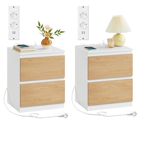 VASAGLE Kailyn Collection - Lot de 2, Table de Chevet avec Multiprise, Table d'Appoint, 2 Tiroirs, 2 Prises CA, 2 Ports USB-A, pour Salon, Chambre, Bureau,...