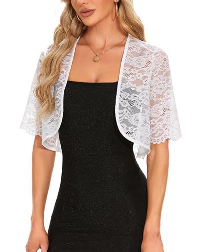 Image of MINTLIMIT Womens Floral Lace Bolero Half Sleeve Shrug Open Front Elegant Cropped Cardigan Shrugs for Evening Party Dresses