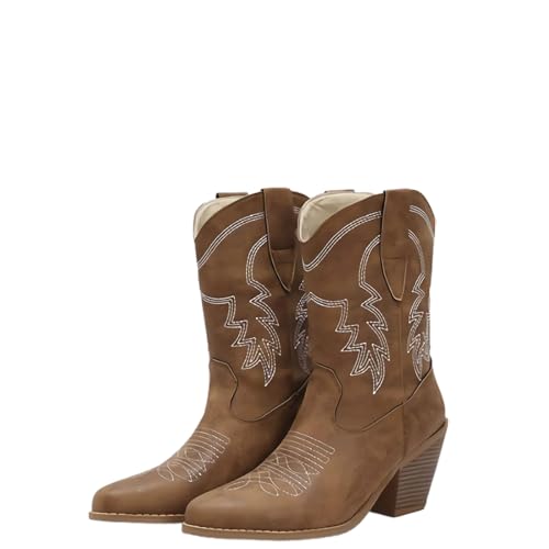 Botas de Media Pantorrilla Bordadas para Mujer, sin Cordones, de tacón bajo Grueso, Punta Redonda, de Charol, con Costuras, Estilo Retro Occidental, Finas Solo Lado,Marrón,34 EU
