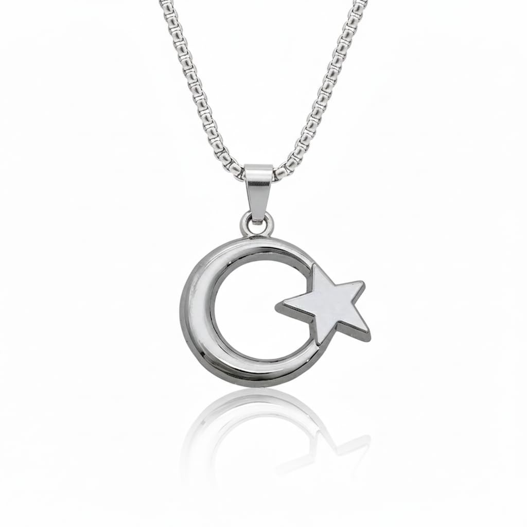 Anti-Tarnish Stainless Steel Star and Crescent Moon Pendant Necklace with Box Chain for Men-image-7