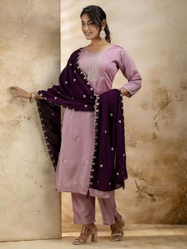 Image of VredeVogel Women's Silk Blend Embroidered Kurta with Pant & Dupatta Set | Modern & Traditional Blend Ethnic Wear | Festive & Casual Outfit