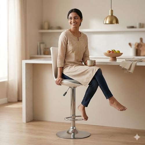 Image of activa Rapid Bar Stool Chair with Height Adjustable Design, Padded Seat & Footrest | Modern Metal Counter Stool for Kitchen, Home, Bar & Cafe Seating | Durable Comfort Chair (White & Grey, Set of 2)