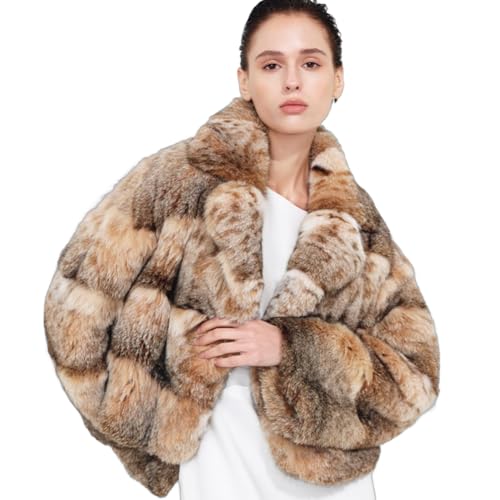 Denny&Dora Women's Luxury Brown Genuine Fur Jacket, Short Fur Outerwear