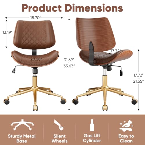 Image of Armless Office Chair with Back, Mid Century Modern Small Desk Chair, No Arms Leather Computer Chair for Home Office, Swivel Vanity Chair, Rolling, Adjustable Height (Dark Brown)