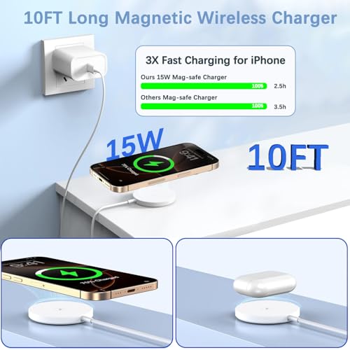 Image of 【Apple MFi Certified】Magnetic Wireless Charger,2Pack 10FT Apple Mag-safe Charger,Fast MagSafe Charging Wireless iPhone Charge Pad USB C Block Adapter for iPhone 17 Pro Max /17e /Air /16 /15 /14 /13,Air-Pods