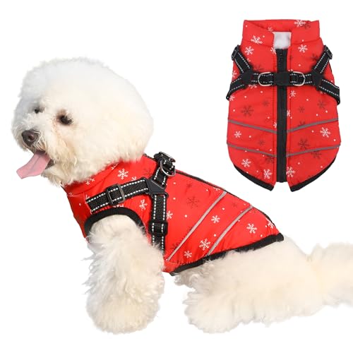 Mitili Warme Hundemantel Wasserdicht mit Geschirr, Reflektierend Hundejacke Winter für Kleine und Mittlere Hunde, Winddichte Hunde Wintermantel, Outdoor Hundeweste (Schneeflocke, M)