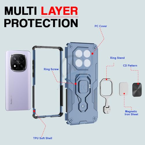 Image of AESTMO Armor Back Cover for Redmi Note 14 Pro /Poco X7 5G | Ring Holder & Kickstand & Camera Protection in-Built | 360 Degree Protection Back Case Cover (Blue)