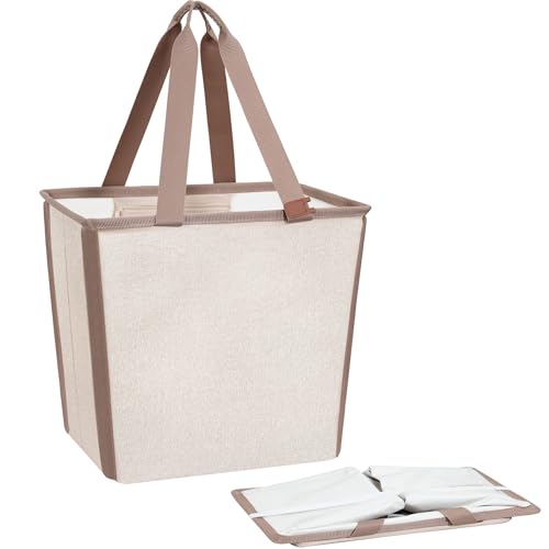 Image of STORAGE MANIAC Collapsible Laundry Basket, 16.9 Gal. Large Pop-up Laundry Hamper with Long Carry Handles, Space-Saving Foldable Clothes Hamper with Bottom Elastic Band, Travel Laundry Bags, Oat Beige