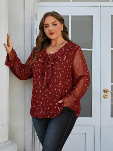 Charming Ashley Plus Size Floral Blouse for Women with Long Sleeve Ruffled Collar V Neck Tie Casual Top for Summer Spring Red — view 5