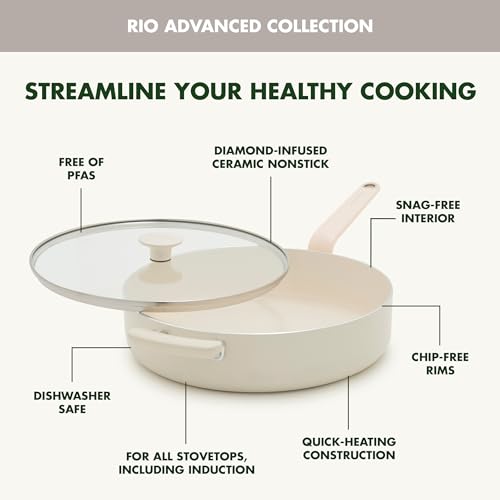 Image of GreenPan Rio Advanced 5QT Saute Pan With Tempered Glass Lid, 5QT Ceramic Nonstick pan with Helper Handle, PFAS-Free, Induction Ready, Dishwasher and Oven Safe, Cream White