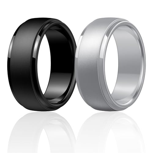 Image of Egnaro Men's Silicone Wedding Rings: Classic Black Step Edge Rubber band 10mm Wide 2.5mm Thick- Hypoallergenic for Gym /Outdoor /Gift(1 /4 /7 Variety Pack with Half Size)