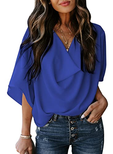 Dokotoo Womens Tops and Blouses Summer Short Sleeve V Neck Solid Color LadiesSleeve Wrap Draped Front Business Casual Fashion Chiffon Shirts and Tops Blue Medium