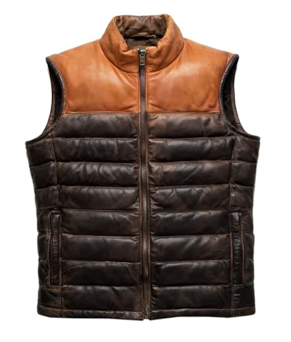 Leather Down Puffer Vest | Quilted Down Two Tone and Brown Color | Outdoor Sleeveless Men's Vests