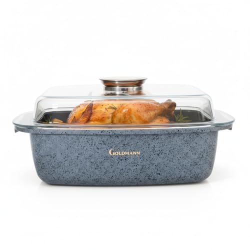 GOLDMANN Premium Bräter 32 CM – 5.5L – Aluminiumguss, Induktion, Antihaft-Marmor-Beschichtung – Auflaufform mit Glasdeckel, Spülmaschinengeeignet & PFOA FREI