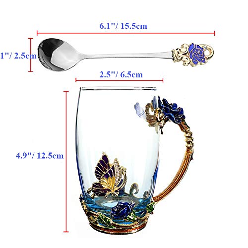 Kaiyuan Dynasty Tea Cup Glass Coffee Mugs Enamel Rose Flower Butterfly Drinking Cups with Spoon Set for Birthday Wedding Blue Rose Tall Mug 12oz - Thumbnail 4