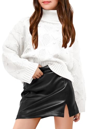 Haloumoning Girls Turtleneck Sweaters Kids Long Batwing Sleeve Chunky Knit Pullover Jumper 5-14 Years