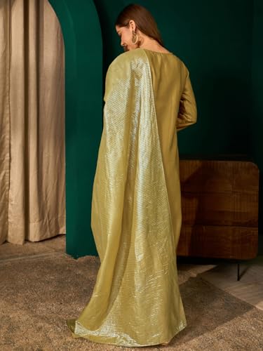 Image of Naixa Women's Silk Embroidered Straight Kurta with Pant | Viscose Jacquard Dupatta Set | 3 /4 Sleeve | Notch Neck | Festive | Mehendi Wear (Available in Plus Size)