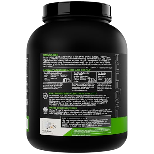rule 1 mass gainer - high-calorie weight gain formula with 1220 calories 250g complex carb blend 40g all-whey protein per serving 8 servings vanilla crme