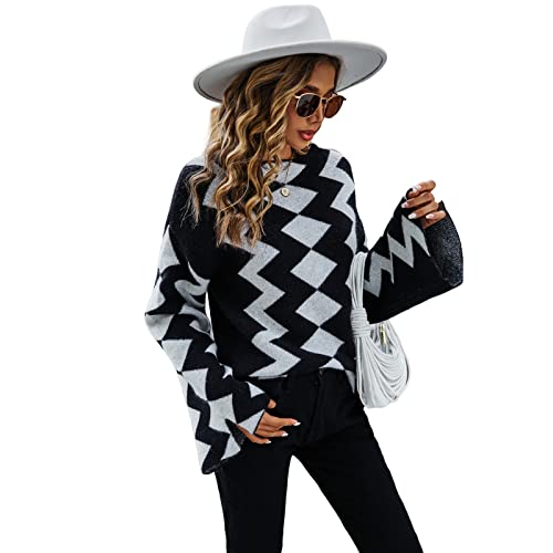 HEYPORK Damen Herbst Winter Warm Bequem Pullover Casual Mode Strickjacke Strickpullover Frauen Women's Autumn/Winter Diamond Plaid Patchwork Strickpullover Pullover(Schwarz, L)