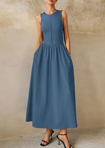 Image of PRETTYGARDEN Maxi Dresses for Women 2026 Summer Casual Sleeveless Patchwork Flowy Vacation Sundress Knit Long Work Tank Dress