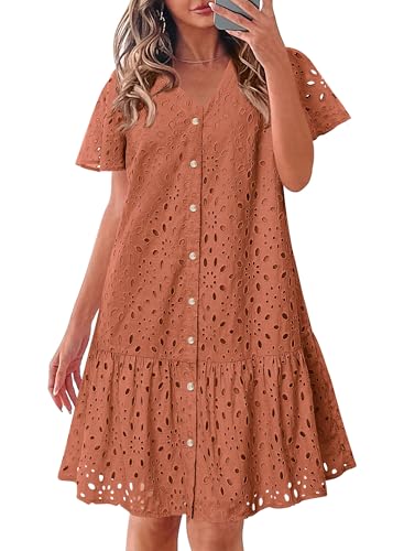 Image of KIRUNDO Eyelet Dresses for Women Button Down Mini Babydoll | 2026 Summer Short Sleeve Boho Sundress, Loose Fit V Neck Short Dress With Pockets, A Line, Cruise Beach Vacation Outfits