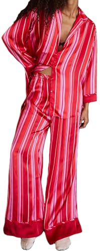 Image of Women Floral Satin Pajamas Long Sleeve Button Shirt Silk Wide Leg Pants Set