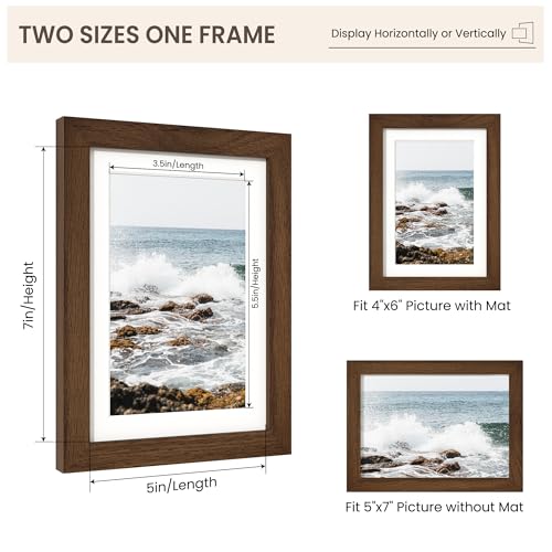 Image of FLYJOE 5x7 Oak Wood Picture Frame with Mat for 4x6, 5 by 7 USA-Sourced Natural Solid Wooden Photo Frame for Wall & Tabletop Display, Shatterproof Plexiglass, 1 Pack, Walnut Color